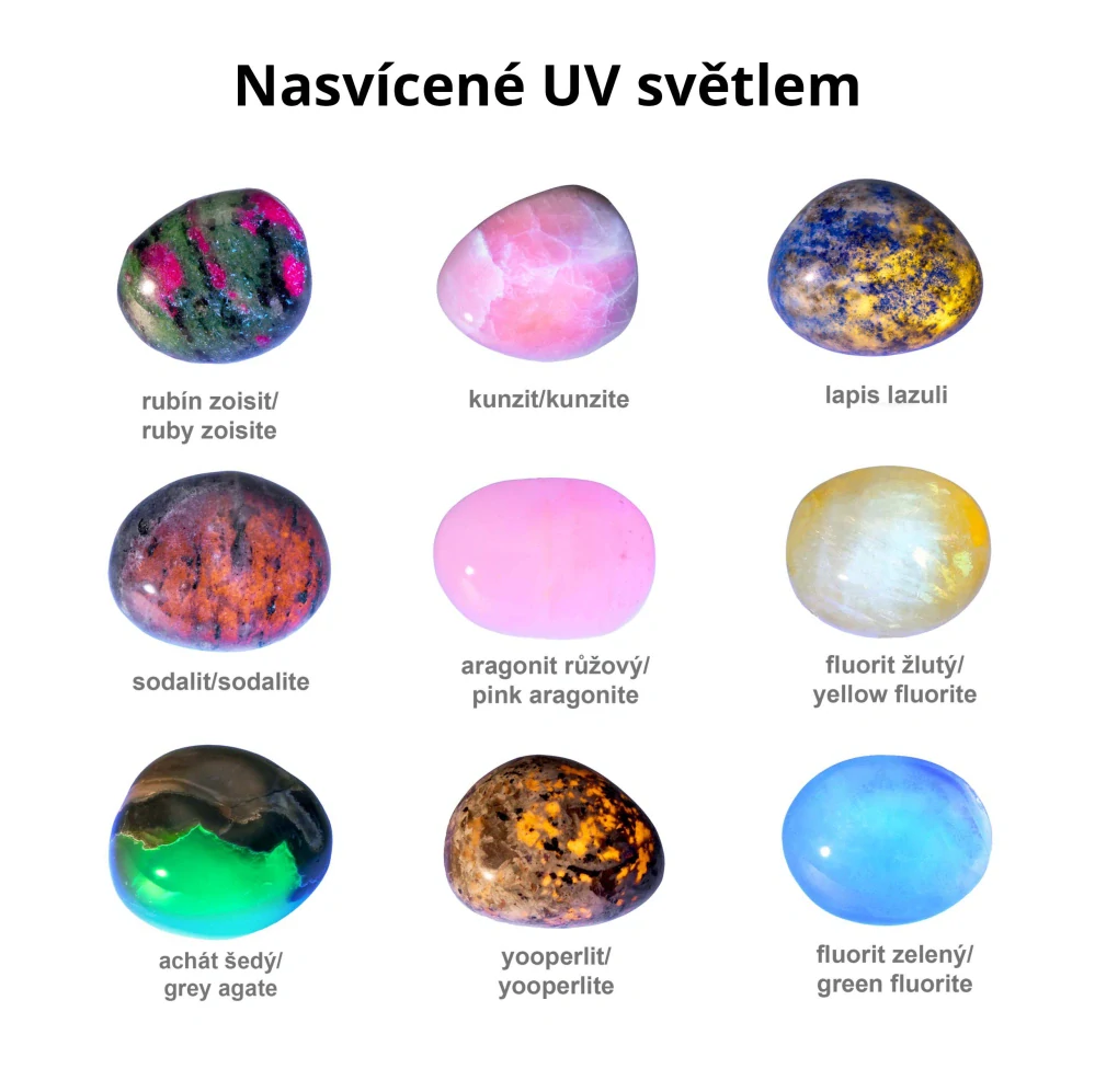 Sbírka - fluorescenční minerály, 9 ks tromlovaných kamenů