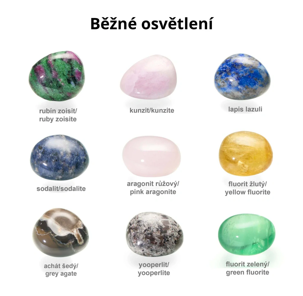 Sbírka - fluorescenční minerály, 9 ks tromlovaných kamenů