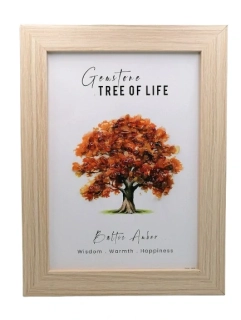 Strom života v dřevěném rámu s baltským jantarem 20,5 × 15,5 cm – ochranná esoterická dekorace