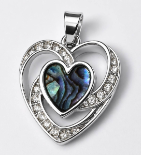 Přívěsek srdíčko z Paua Abalone bižuterního kovu – zdobený přívěsek 1,7 × 1,9 cm